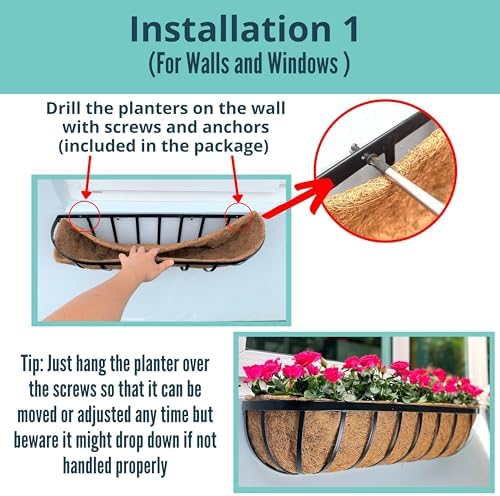 LaLaGreen Outdoor Wall Planter - 6 Pack, 30 Inch Large Metal Basket with Coco Liner, Long Window Flower Box Deck Railings Hanging Horse Trough Balcony Plant Pot Garden Fence Balcony Patio Rail - Image 3