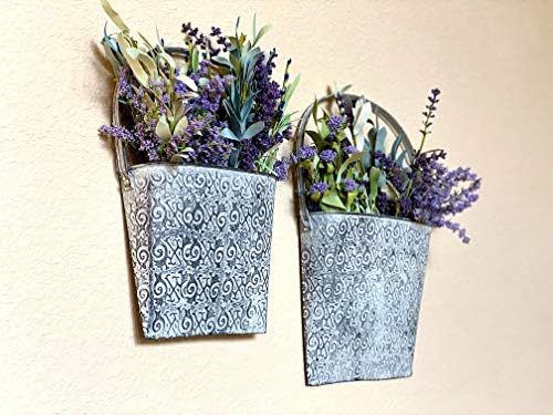 Metal Wall Pocket Planters Set of 2 Rustic Farmhouse Hanging Wall Vases Olive Green Galvanized Steel Indoor Outdoor Garden Decor 14" x 6" - Image 7