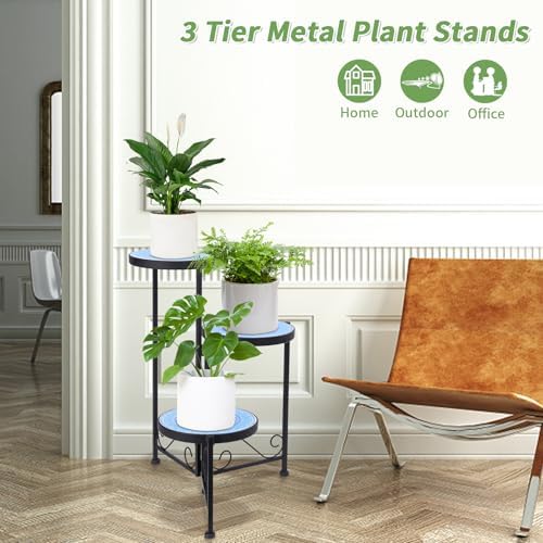 3 Tier Mosaic Ceramic Top Plant Stand, Foldable Flower Pot Holder - Image 4