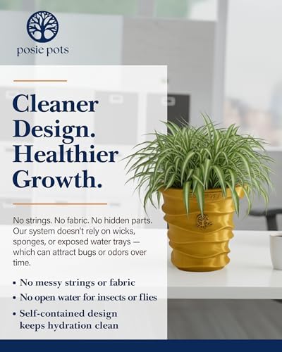 Posie Pot Medium Wave Self Watering Planter for Indoor Plants - 5x5 Inch Patented Pot with 10X Water Reservoir - Modern 3D Printed Desk Planter - Root Rot Free - Eco Friendly, Made in USA, Gold - Image 6
