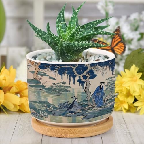 Blue and Green Ceramic Planters Asian Chinoiserie Life Flower Pots for Indoor Plants with Drainage Holes and Saucers Pot for Outdoor Garden Home Plant - Image 6