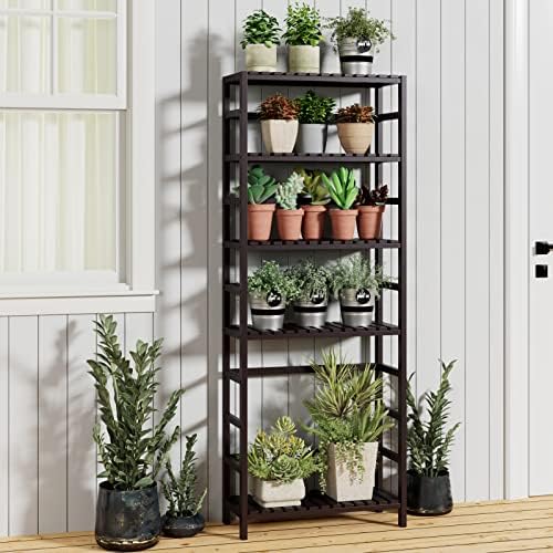 Bamjoy Bamboo Shelf, 6 Tier Bookcase Storage Shelves, Tall Book Rack Shelving Unit, Multipurpose Storage Display Shelf Adjustable Storage Rack for Bathroom Home Office Living Room Kitchen, Dark Brown - Image 5