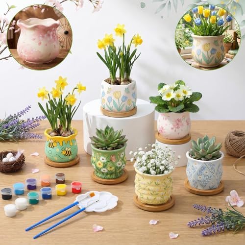 Leitee 30pcs Flower Pots 3 Inch Paint Your Own Ceramic Pot Craft Kit Ready-to-Paint Small Succulent Pots Bulk with Drainage Hole Paint Set Mini Paintable Plant Vase for Spring Birthday DIY Gift - Image 3