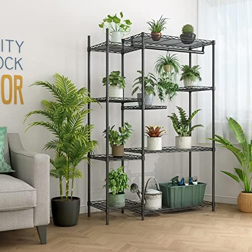 Xiofio Plant Stands for for Indoor Outdoor, Heavy Duty Metal Plant Stand,large Plant Shelf,Adjustable Plant Shelves With Hanging Rod for Living Room,Balcony,Garden,Black - Image 4