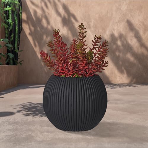 16" Sphere Fluted Outdoor Planter, Black,Modern Round Plant Pot - Image 5
