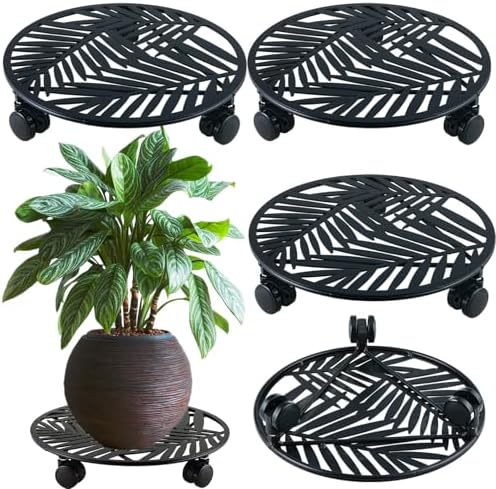 3 Packs Large Metal Plant Caddy with Wheels 13" Rolling Plant Stands Heavy-duty Wrought Iron Roller Planter Movers Indoor Outdoor Wheeled Plant Dolly with Casters Tray Coaster, Slender leaves by KvyusFlourish