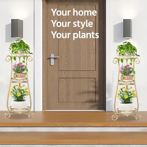LASZOLA 3 Tiers Metal Corner Plant Flower Stand Tall Indoor Outdoor, Gold - Image 2