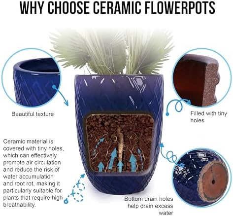 Hand Glazed Ceramic Plant Container Modern Decorative Pot Planter Drainage Hole Thick Earthenware Vessel Breathable Clay Porous Walls Weighty Stable Base Root Succulents Herbs Palms (Dark Blue) - Image 4