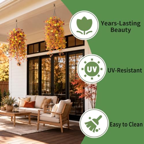Fake Mums Fall Artificial Flowers Hanging Basket for Outdoor Decoration - Image 2