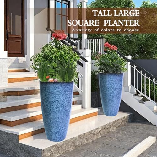 2 Pcs Pack 21 Inches Plastic Resin Tall Tapered Planter Pots Large Round Planter Flower Pot with Drainage Holes for Indoor Outdoor Deck Porch Garden Home Patio Front Door (Blue, L) - Image 2