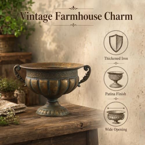 Vintage Gold Urn Planter, Embossed Shabby Chic Iron Flower Pot, 13.6"x8.5" - Image 3