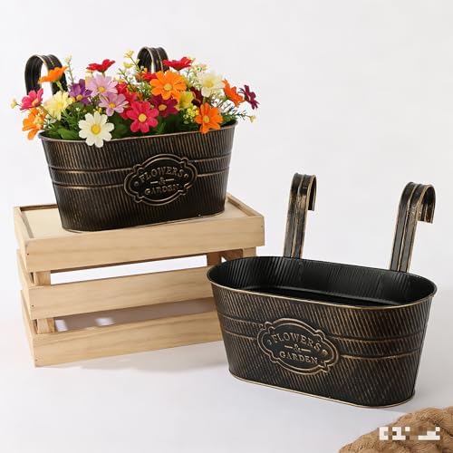 Vintage Metal Hanging Flower Pot with Detachable Hooks, Oval Bucket Planter for Balcony Railing, Fence, Patio, Garden Decor, Black and White Finish, 2 Sets (2, Black) by Unknown