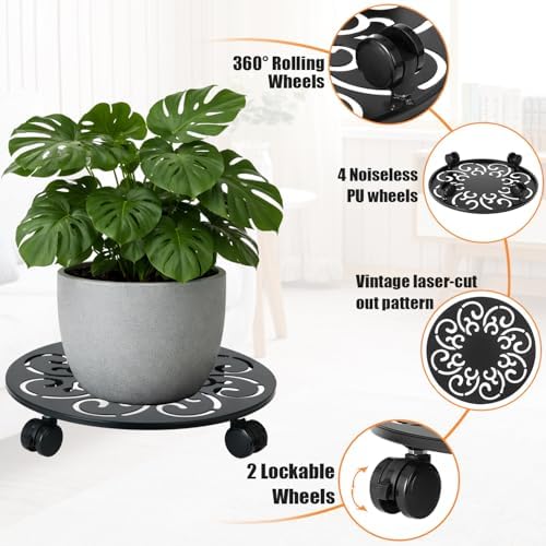 2-Pack 12 Inch Metal Plant Caddy with Wheels Large Heavy-duty Rolling Plant Stands Wheeled Planter Dolly Flower Pot Mover Rollers Rust-proof Garden Coasters Trolley for Indoor Outdoor Use - Image 2