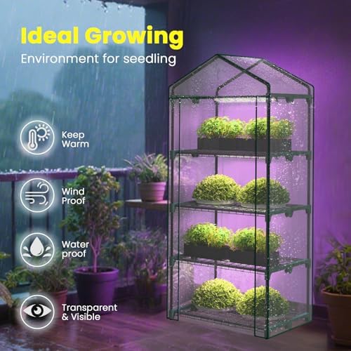 Indoor Greenhouse with Grow Lights, 4 Tier 27" L×19" W×62" H Mini Greenhouse with Zippered PVC Cover for Seed Starting Trays, Dimmable 2FT 60W Plant Light for Indoor Plants with Timer - Image 2
