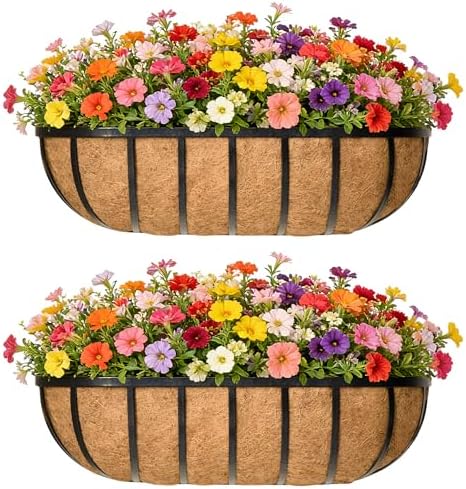 24 Inch Railing Planter Window Box Deck Balcony Rail Planter with Coco Liner Metal Wall-Mounted Coconut Liner Planter Basket English Horse Trough Planters for Outdoor Balcony Porch Fence (2 Pack) by EIMQUVW