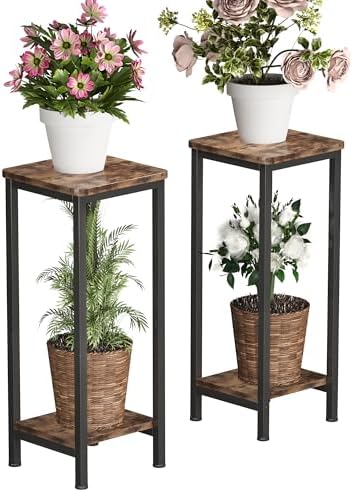 Homeiju 2-Pack Plant Stand Indoor, 2 Tier Wood Corner Plant Stand, Modern Square Plant Shelf Flower Stand for Living Room Patio Balcony Garden, Rustic Brown by Homeiju
