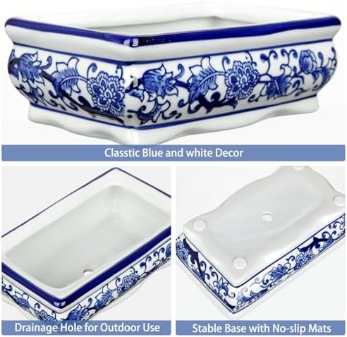 Set of 2 Blue and White Ceramic Bonsai Pots with Drainage Hole, 7.5" & 5" - Image 3