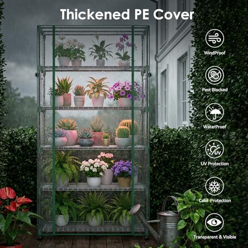 5 Tier Indoor Greenhouse with Grow Lights & Wheels & 2 Ventilation Windows , 36"x19"x70" Portable Green House Cabinet Kit with 5 Shelves Transparent PE Cover - Image 6