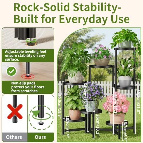 7 Tiers Plant Stand Indoor for Multiple Large Planter, Tall Tiered Folding Plant Rack Outdoor with Rustproof 10 Inch Wide Tray, Plant Shelf for Corner Living Room - BlackDisk - Image 3