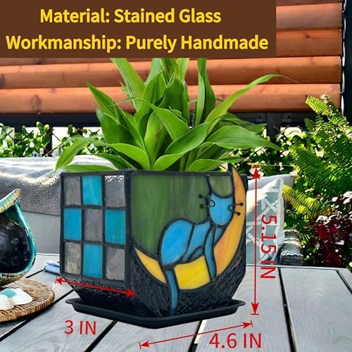 Tiffany Stained Glass Unique Moon Sleeping Blue Cat Planter,Indoor Plant Pots with Drainage,Cute Cat Planter Pots,Decorative Plant Pots, Dried Flowers Pot,Cute Gardening Gifts - Image 3