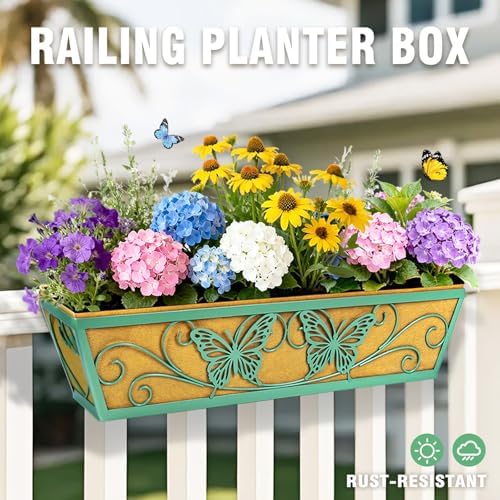 2 Pack 24 Inch Window Boxes Planter for Outdoor Plants Deck Railing Planters Box with Adjustable Brackets for Porch Fence Balcony Hanging Flower Baskets with Liner for Garden Décor - Green - Image 2