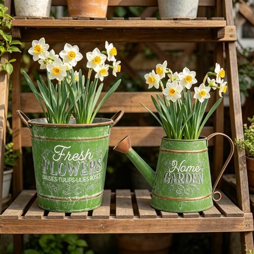 Rustic Green Metal Watering Can Flower Pot, Vintage Distressed Garden Decor Flower Bucket Planter for Herbs Succulents Flowers, Decorative Plant Pot for Outdoor Indoor Patio Yard Home Decor - Image 5