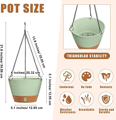 Amyhill 6 Pcs 8 Inch Hanging Planter for Indoor Plants Self Watering Hanging Pot Baskets with Drainage Hole Visible Water Level Tray with Hooks for Garden Outdoor(Green) - Image 2