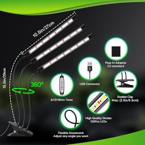 Tri-Head Clip Grow Lights for Indoor Plants, Full Spectrum Plant Lights. - Image 6