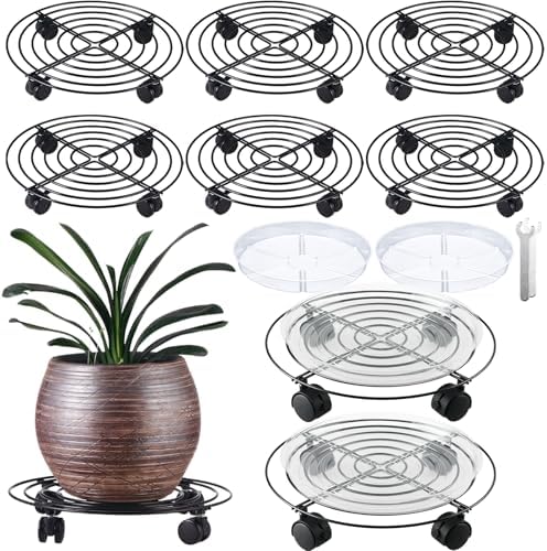 8 Packs Large Metal Plant Caddy with Wheels 14" Rolling Plant Stands Heavy-duty Wrought Iron Plant Roller Base Pot Movers Plant Saucer on Wheels Black by KvyusFlourish