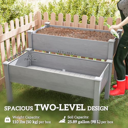 Outsunny 2 Tier Raised Garden Bed Elevated Wooden 2 Box Planter, Gray - Image 3