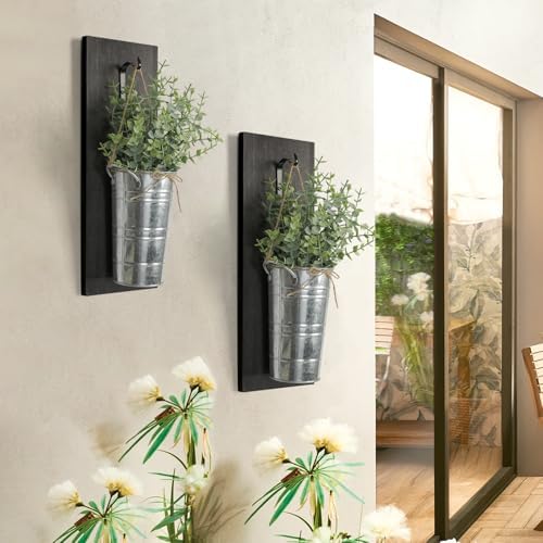 SHOHAYTO Farmhouse Wall Decor Set of 2 - Wood Hanging Planters with Artificial Eucalyptus, Rustic Vertical Pocket Vases for Bathroom Kitchen, Indoor Greenery Decor - Image 7
