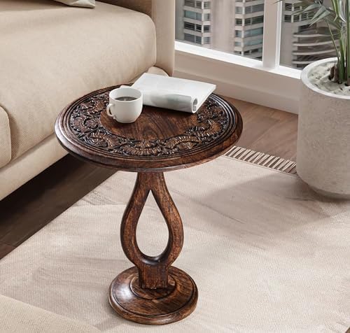 Side Tables Round – Small Drink Table for Small Spaces, Modern Accent Nightstand with Hand-Carved Top & Solid Wood Tables for Living Room, Bedroom, Office – Burnt Finish_18x22 Pride Styles - Image 6