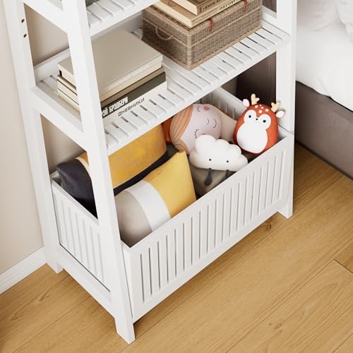 Bamjoy Bamboo White Bookshelf with Slatted Basket, Ladder Bookcase with 4 Display Shelves and 1 Open Storage Basket, Multifunctional Storage Rack Organizer for Home Office, Bedroom, Living Room, 66” H - Image 5