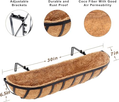 30 Inch Window Deck with Coco Liner, 30" Window Boxes Horse Trough with Coconut Coir Liner, Fence Metal Hanging Flower Planter Window Basket Deck Railing Planter Boxes for Outdoor Garden Lawn, 4pcs - Image 3