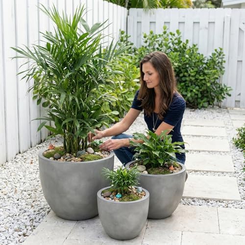 DTY Mount Belford 14.6'' D x 12'' H (Pot Opening 13.2") Fiberstone Egg Shaped Planter with Drainage Hole, Smooth Finishes, Weather Resistant for Indoor and Outdoor, 2 Extra Coco Mats - Medium, Gray - Image 4