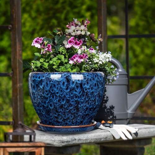 Hollyone 9inch Ceramic Planter Blue Ceramic Plant Pot for Plants Flowers with Drainage Hole and Saucers Ceramic Glaze Round Flower Plant Pot for Indoor Outdoor Large Round Succulent Orchid Flower Pot - Image 5