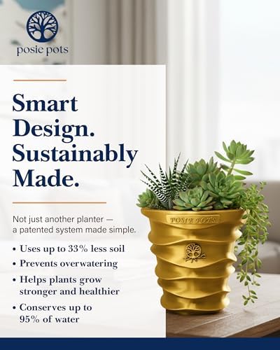Posie Pot Medium Wave Self Watering Planter for Indoor Plants - 5x5 Inch Patented Pot with 10X Water Reservoir - Modern 3D Printed Desk Planter - Root Rot Free - Eco Friendly, Made in USA, Gold - Image 4