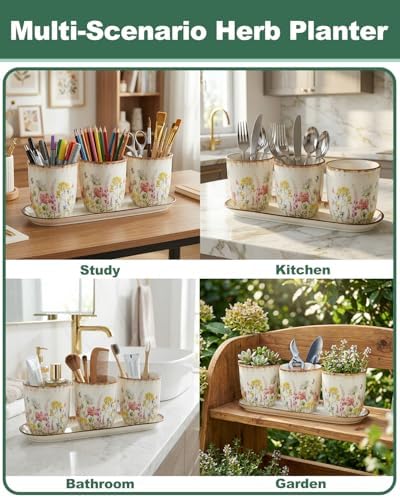 vensovo Ceramic Planter Set with Tray, 3 Small Herb Pots, Meadow Floral - Image 5