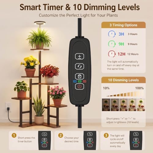 Plant Stand Indoor with Grow Lights, 6 Tiered Corner Plant Stands for Indoor Plants, Max Height: 43" Corner Shelf & Plant Shelf, Flower Display Holder, Corner Shelves for Living Room Gardening Warm Light Auto Timer 3H/9H/12H - Image 4