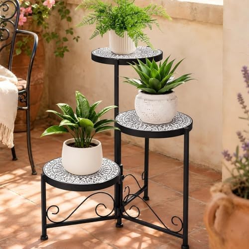 3 Tier Mosaic Corner Plant Stand Foldable Display Shelf Black by Chonsun