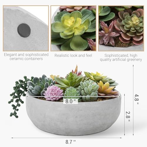 MyGift 8 Inch Round Artificial Succulent Plants in Gray Concrete Plant Bowl - Image 5
