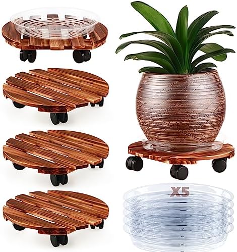 5 Pack Plant Caddy with Wheels Heavy Duty 13.5 Inch Wooden Plant Stand on Wheels Plant Dolly Rolling Plant Stand Plant Roller with Casters for Indoor and Outdoor with 5 Pack Plant Saucers, Round by Planterhoma