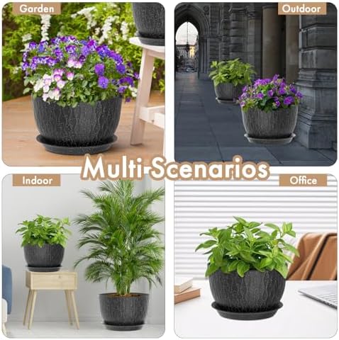 WSMKSZ 12 Inch Wide Water Ripples Flower Pots for Indoor or Outdoor Plants, Large Plant Pots with Drainage Holes & Saucer, Plastic Planters Set for Garden & Home Decor (Black with White Speckles) - Image 6