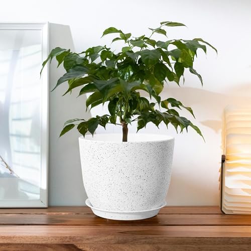 2Pack Large Indoor Planter Pot 12 Inch Plant Pot, Modern Flower Pots for Out Door Plants, Speckled White Plastic Planting Pots with Holes & Trays - Image 4