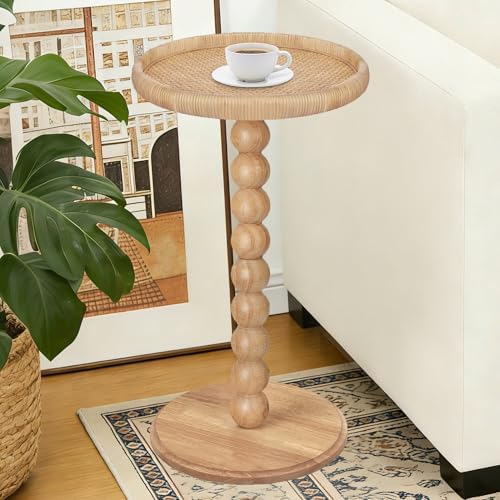 Drink Table, Boho Rattan Small Round Side Table for Small Spaces, Solid Wood Circle End Table for Living Room, Pedestal Table for Couch, Bedroom, Corners, Natural by FASNAHOK