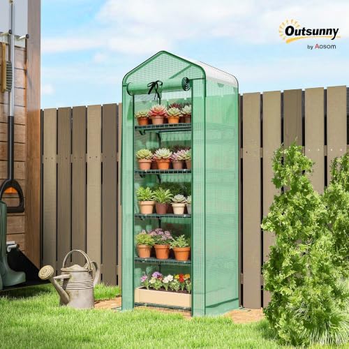 Outsunny 5 Tier Mini Greenhouse w/ Screen Roof 27.6" x 19.7" x 75.6" Green - Image 2