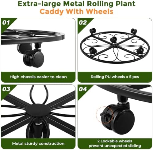 3 Packs 18” Plant Caddy with Wheels Metal Plant Stand on Wheels for Indoor and Outdoor Plants Rolling Plant Stand with Casters Heavy Duty Plant Dolly Roller Caddy, Black - Image 6