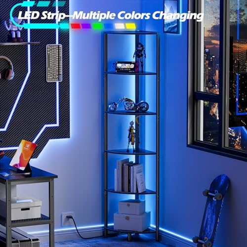 Furnulem 6 Tier Corner Shelf with LED Light, 67.5" Black Narrow Bookshelf - Image 4