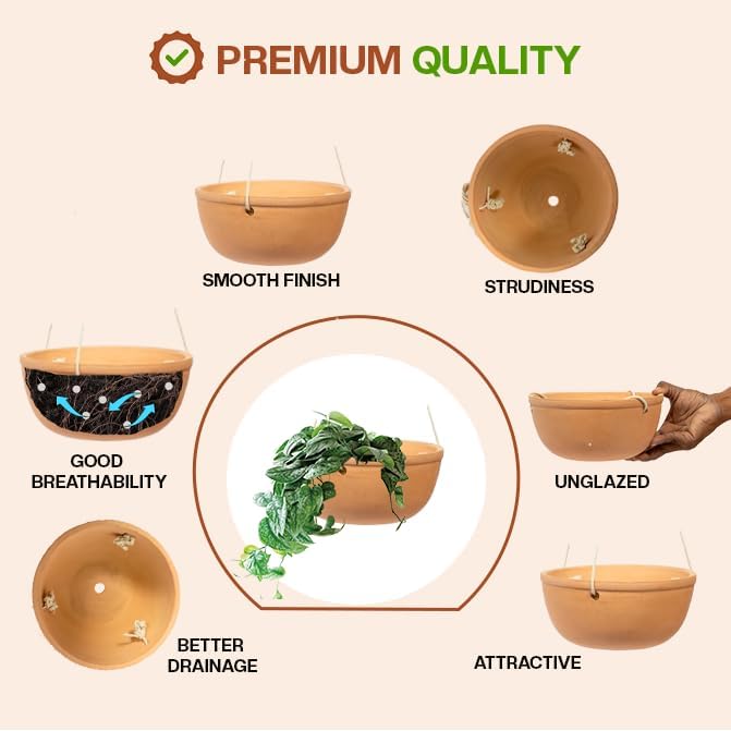 village Decor Terracotta Hanging Bowl Planter with Rope (Dia -8 INCH ,Rope _Lenght - 24 INCH) - Image 4