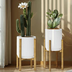 LuxenHome PSet of 2 White Planter with Gold Metal Stand - Image 2